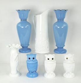 Atterbury Owl Covered Dishes, Tankard, Vases