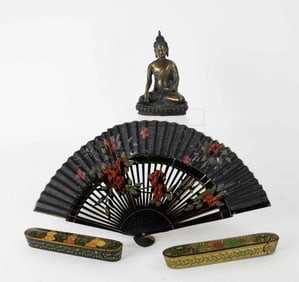 Brass Buddha Figure, 2 Persian Lacquer Fan Boxes