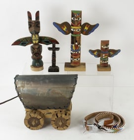 Western Items: Covered Wagon Lamp, Totem Poles