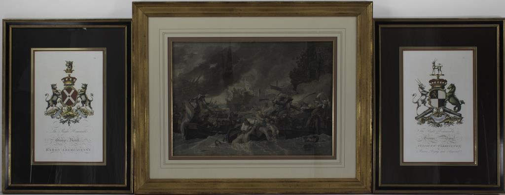 Hand Colored Marine Battle & Heraldic Prints: Hand colored lithograph "The Battle at la Hogue" after Benjamin West (British, 1738-1820) showing engagement of Dutch and French fleets in the battle at La Hogue, matted and under glass in gilt wood f