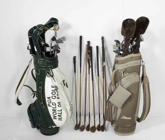 2 Golf Bags w/ Clubs & Vintage Wood Shaft Clubs