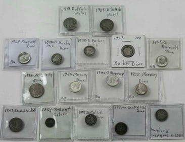 16 U.S. Coins--3-Cent Piece, Nickels & Dimes