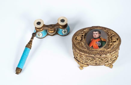 Gilt Metal Portrait Box, Enameled Opera Glasses