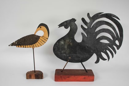 Folk Art Painted Sheet Metal Rooster & Shore Bird