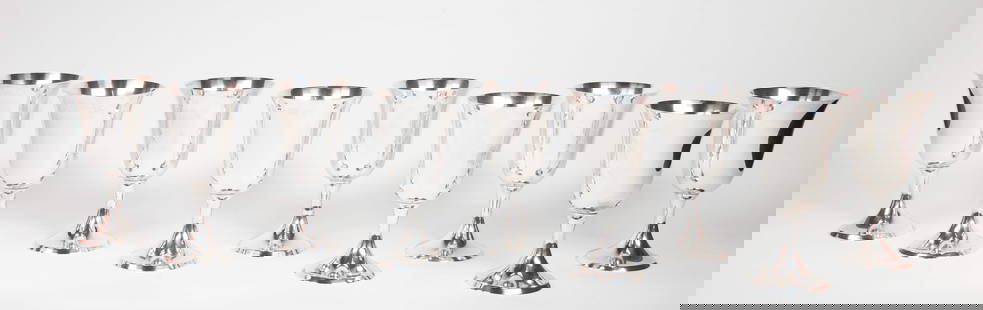 9 Stieff Sterling Silver Goblets: Set of nine Steiff sterling silver goblets, flared rims with round base, marked "Stieff / Sterling / 0801-2" and with Steiff hallmarks on the base, no monograms; 6 1/2"H; overall very good condition w