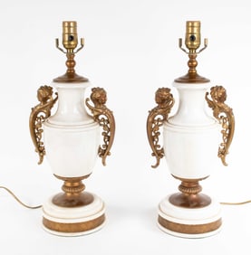 Pair White Marble Lamps w/ Figural Siren Handles