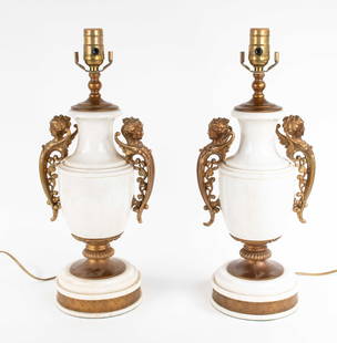 Pair White Marble Lamps w/ Figural Siren Handles: Pair of white marble lamps, each with gilt metal winged female siren handles and gilt metal pedestal base, stepped white marble plinth with an engraved gilt metal decorative band; 18 1/2"H to top of s