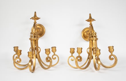 Pair of Heavy Brass 5-Arm Sconces