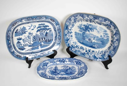 3 English Transferware & Blue Willow Platters
