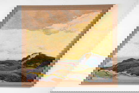 George G. Adomeit, Coastal Landscape: George Gustav Adomeit (Ohio / Germany, 1879-1967); oil on canvas titled "The Dunes"; coastal scene with dunes and depicting boats on the water beneath a colorful sky; signed and dated lower right "Geo
