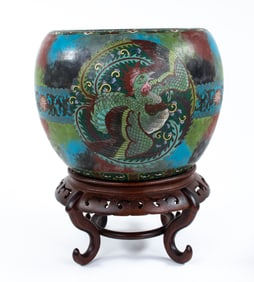 Signed Cloisonne Jardiniere on Carved Wood Stand