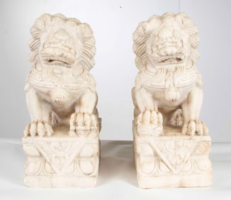 Large Pair of Carved Marble Foo Dogs