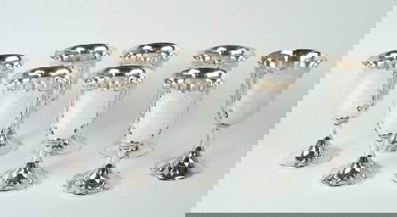 Eight Sterling Silver Goblets: No monograms, including: Seven goblets marked "Preisner / Sterling / 5"; 6 1/4"H; and one goblet marked "Fisher / Sterling / 69"; 6 3/4"H---good estate condition with scattered minor dents and surface