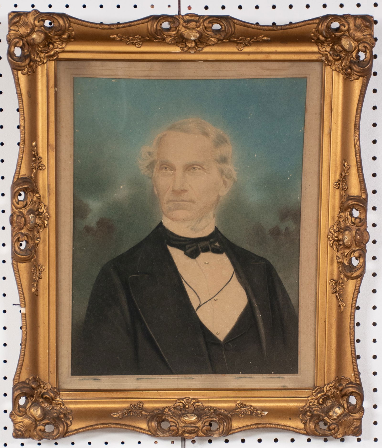 19th C. Portrait of a Gentleman: Pastel on paper, under glass in gilt and gesso pierced frame; sight 13 1/2"W, 17 1/2"H; overall 21"W, 25"H---good overall condition with scattered small losses to pastel and frame---From the estate of