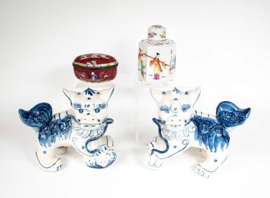 Chinese Foo Dogs, Porcelain Box & Tea Caddy