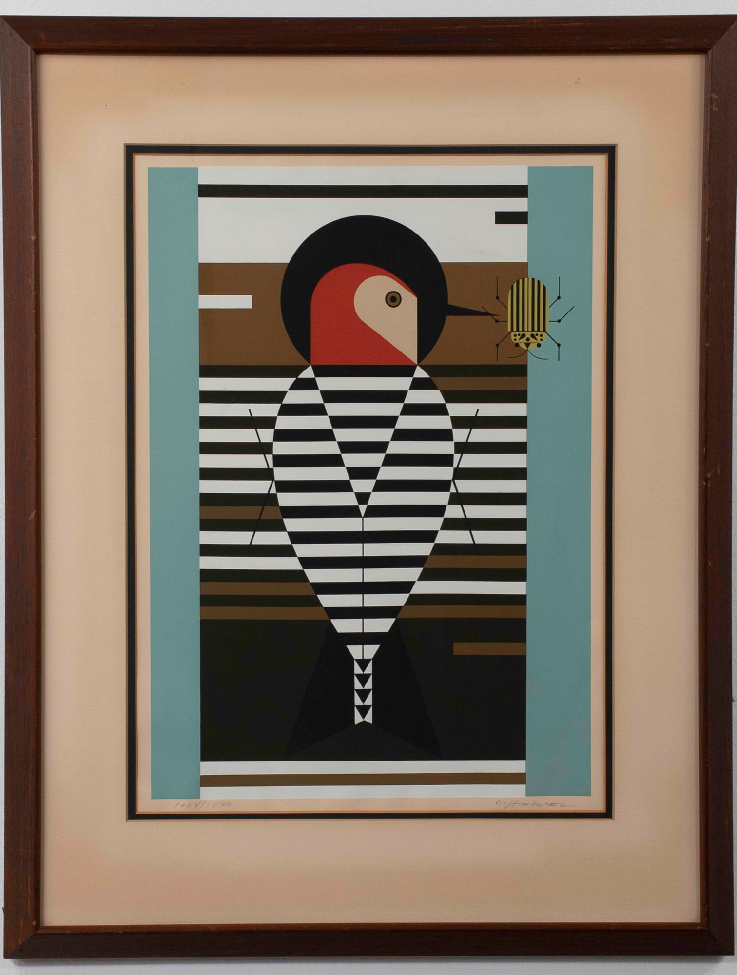 Charley Harper (American, 1922-2007) Serigraph: "Baffling Belly", serigraph in colors on paper, pencil signed and numbered 1004/1500 to lower margin, matted and under glass in wood frame; sight 13 3/4"W, 19 1/4"H; frame 21 1/2"W, 27 1/2"H (Inv. 66-