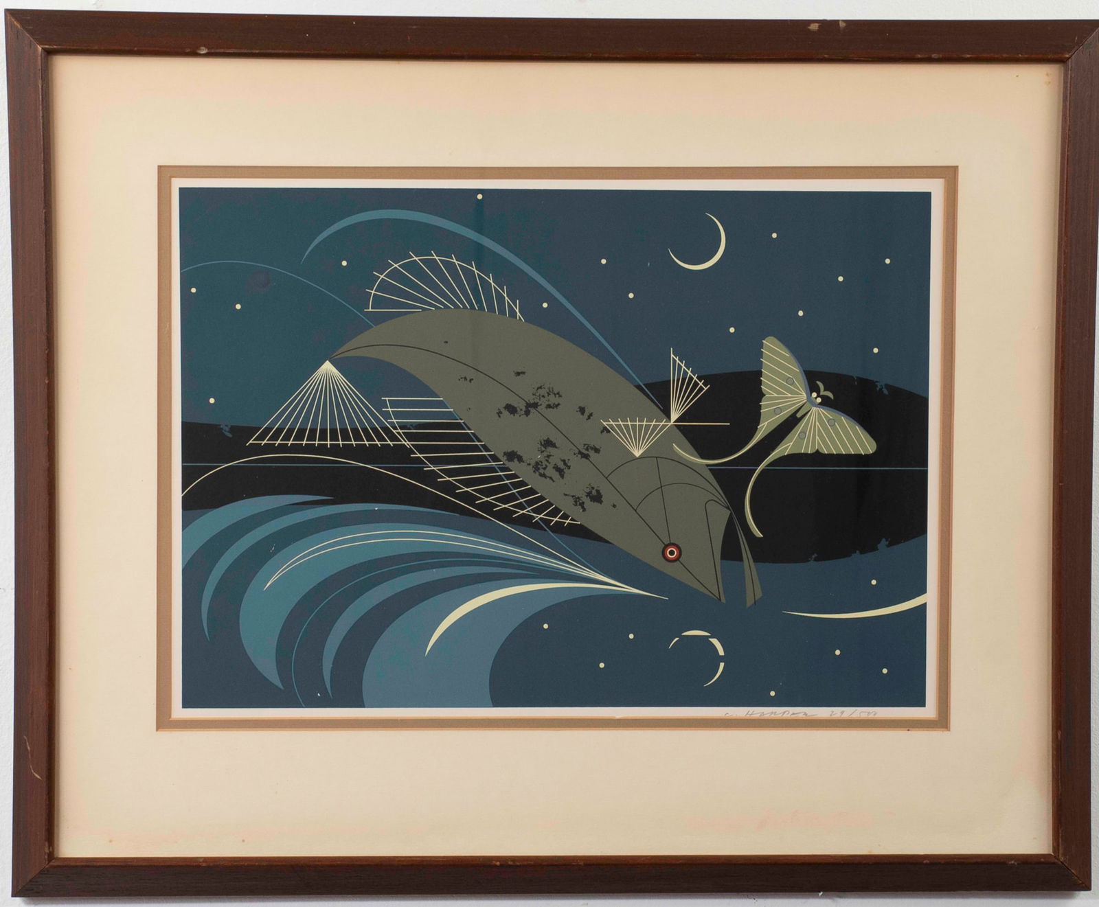 Charley Harper (American, 1922-2007) Serigraph: "Largemouth Bass and Luna Moth", serigraph in colors on paper, pencil signed and numbered 29/500 to lower margin, matted and under glass in wood frame; sight 19"W, 13 1/2"H; frame 27"W, 22"H (Inv. 66-