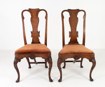 Near Pair Queen Anne Style Burlwood Side Chairs