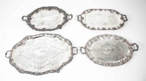 Four Large Silverplate Trays with Grape & Vine