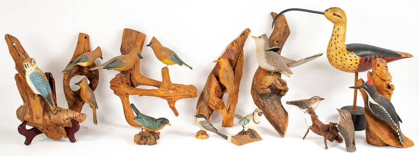 Folk Art Carved & Painted Wood Birds: Eleven items, including: Six carvings with birds perched on natural wood plaque with hook for hanging: Pair of waxwings; approx. 12 1/4"W, 10 3/4"H; Pair of waxwings; approx. 5"W, 11"H; Woodpecker; ap