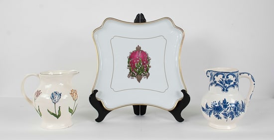 Limoges Faberge Tray & Two Tiffany Pitchers