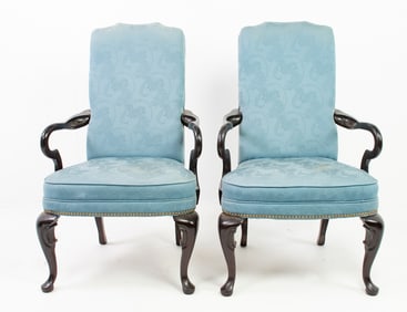 Pair of Queen Anne Style Upholstered Armchairs