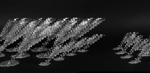 Waterford Cut Crystal "Tramore" Goblets, Cordials: 16 pieces, including: Eight 5 5/8"H water goblets and eight 2 7/8"H cordials---all in good condition
