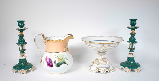 Old Paris Porcelain Pitcher, Compote, Candlesticks