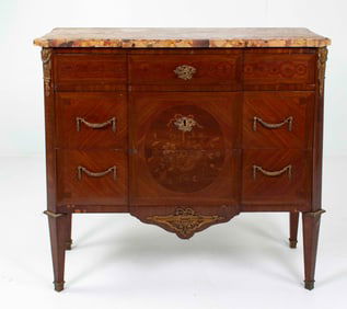 French Louis XVI Style Breakfront Inlaid Commode