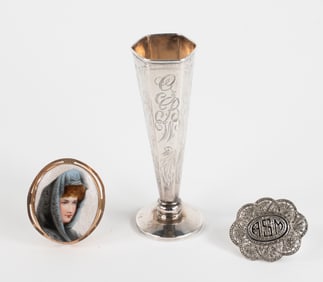 Lillian Russell Portrait, Sterling Brooch & Vase