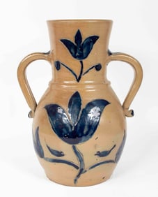Cobalt Decorated Stoneware Handled Jar