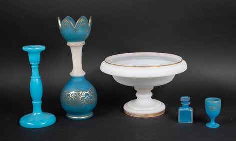 5 Pcs. Blue and White Opaline Glass