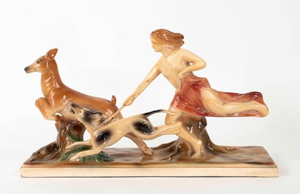 Art Deco Figural Group Sculpture of Diana