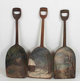 3 Hand-Hewn Grain Shovels w/ Painted Scenes