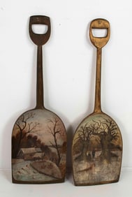 2 Hand-Hewn Grain Shovels w/ Painted Scenes