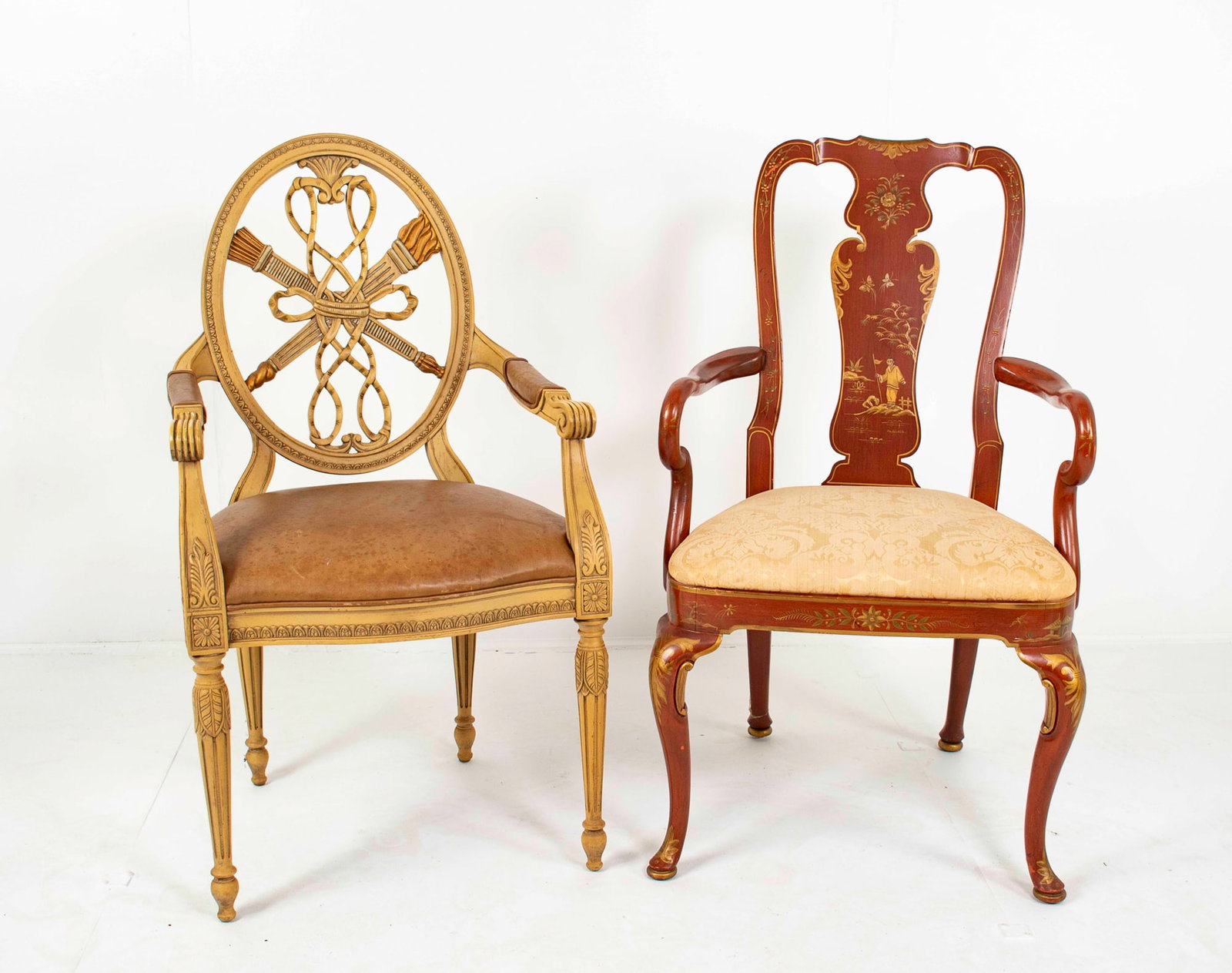 Louis XVI Style & Chinoiserie Decorated Armchairs: Lot of two, second half 20th century: 1. Louis XVI style armchair by Hickory Chair, painted frame, oval back with crossed torch and quiver amid ribbons, shaped arms with curled and fluted knuckles, ar