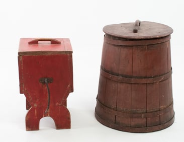 Red Painted Wood Barrel & Churn