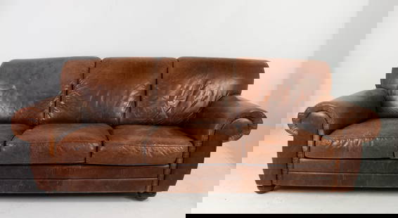 Brown Leather Three-Seat Sofa: Contemporary three-seat sofa, late 20th century, in brown leather upholstery, rolled arms, round turned wood legs; approx. 91 1/2"W, 39"D, 34"H, seat 18"H---good used condition with some wear to surfa