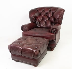 Overstuffed Tufted Leather Chair and Ottoman