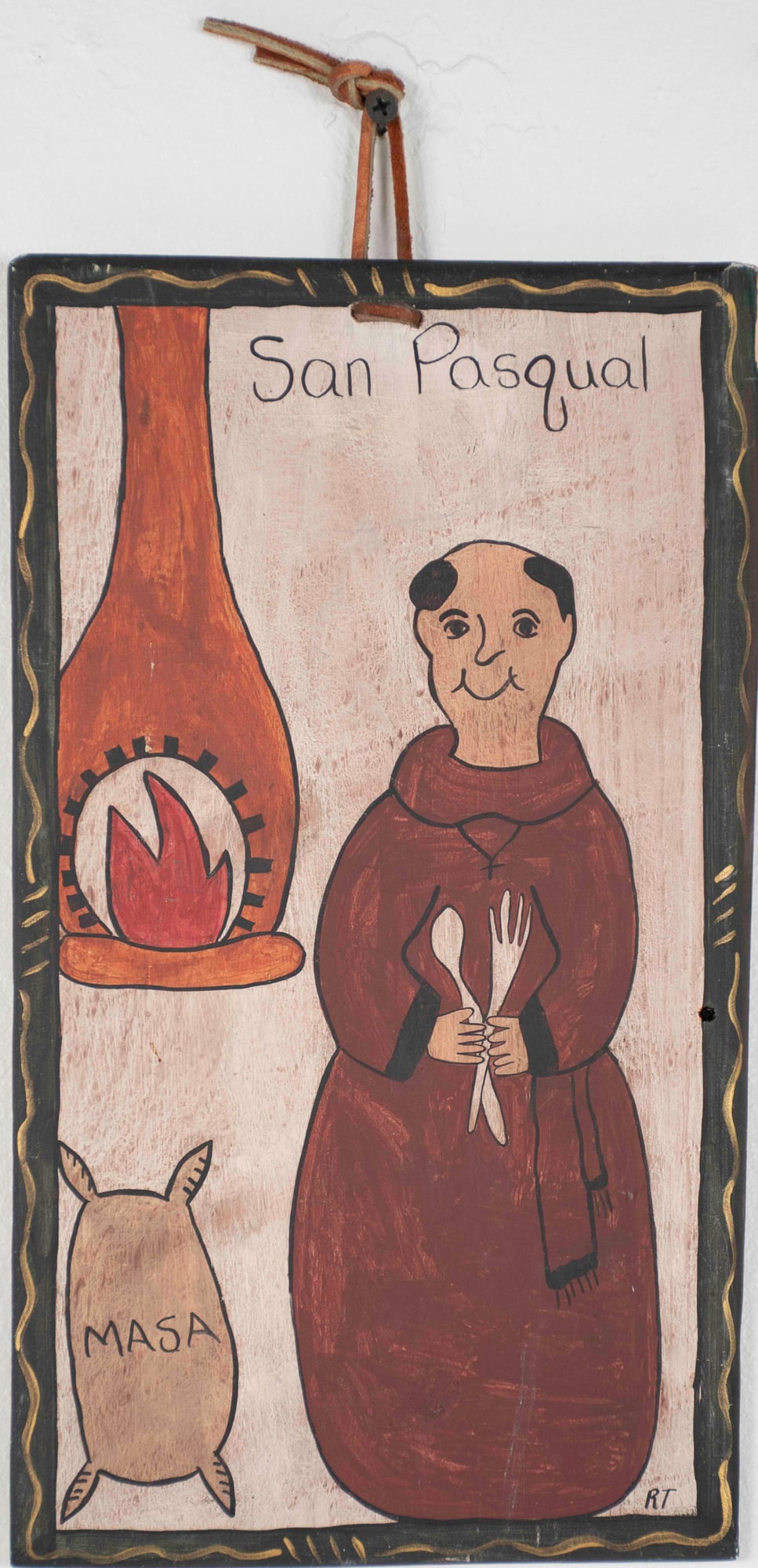 Mexican Painted Wood Retablo: "San Pasqual"; patron saint of cooks, kitchens, and shepherds; signed lower right "RT", signed and inscribed verso "San Pasquale Baylon / Hecho Por / Ruth Tafoya / Agosto 1991 / Ruth Tafoya"; 7 1/4"W,