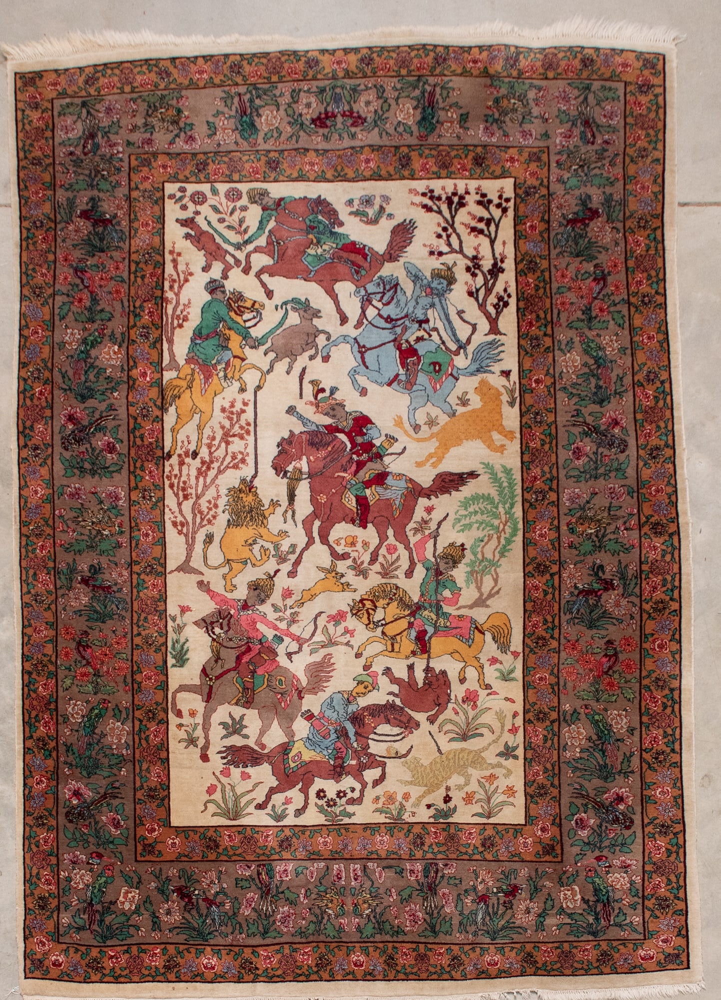 Persian Pictorial Hunting Scene Rug, 5'11"W, 8'9"L (1 of 3)