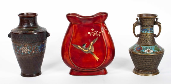 Japanese Champleve Bronze Vases & Maruni Lacquer