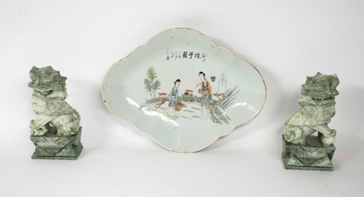 Chinese Lozenge Bowl & Pr. Carved Foo Dogs