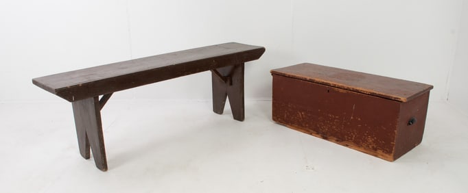 19th C. Painted Bootjack Bench & Red Painted Box