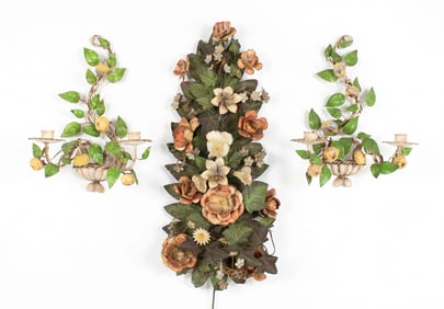 Pr. Painted Italian Tole Sconces & Floral Spray