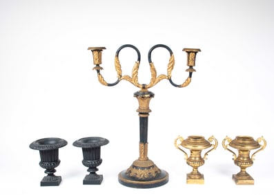 Empire Style Candelabra, Brass & Cast Iron Urns