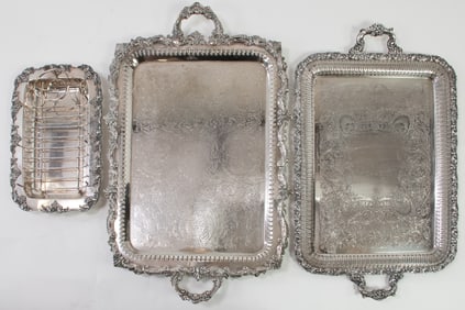2 Large Silver Plate Serving Trays & Asparagus