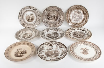 9 Pcs. Brown Transferware, Inc. Wm. Penn's Treaty