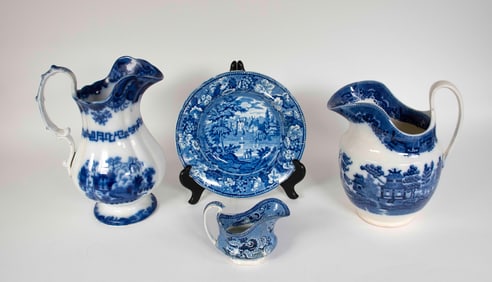English Blue and White Bowl, Creamer & Pitchers