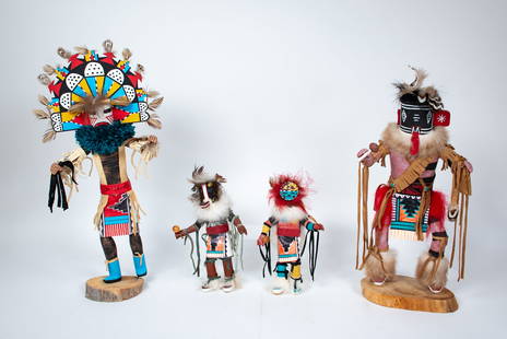 4 Native American Kachina Dolls: 1. "Left Hand", signed Virgil Brown; 13 1/2"H, 6 1/2"W---2. "Butterfly Maiden" by Largo; 15"H, 6 1/2"W---3. Two unsigned; 7 1/2"H and 7 3/4"H---all in good condition (Inv. 14)
